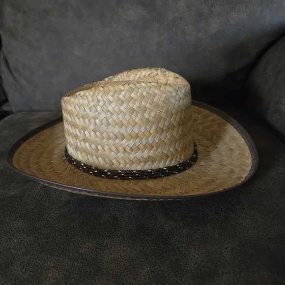 Western Straw Hat Made in Mexico with Brown & Silver Band Around Rim - Picture 2 of 8